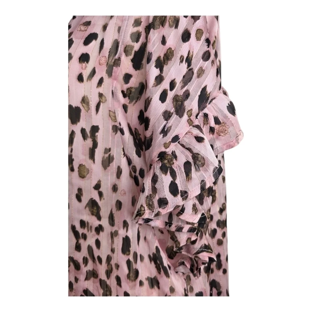 Umgee Pink Metallic Leopard Print Ruffle Sleeve Blouse Size L Sheer Top